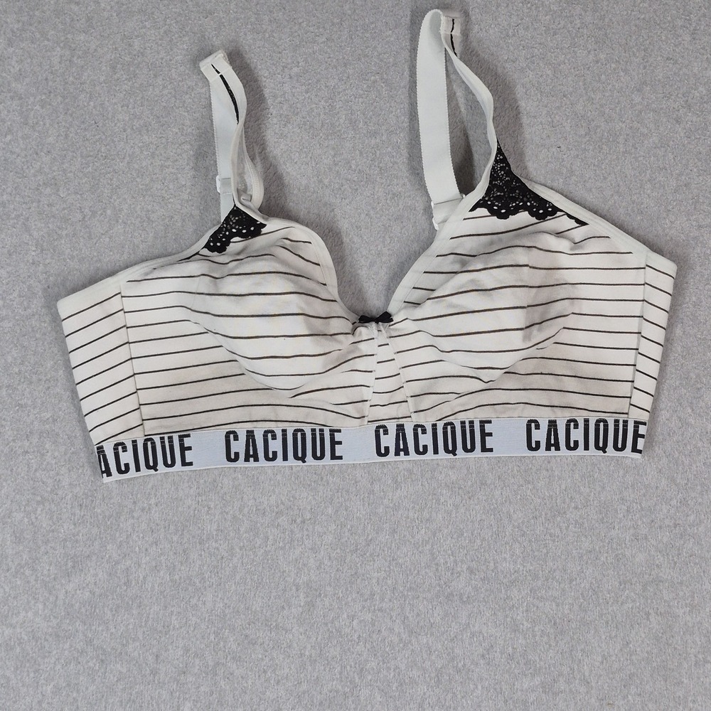 Cacique Women Bra 44DD White Striped T Shirt Wireless Lace Logo rREAD